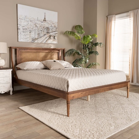 Baxton Studio Jamila Modern Transitional Walnut Brown Finished Wood and Synthetic Rattan Platform Bed-Full 194-11510-ZORO